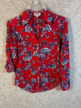 Express Portofino Shirt Women XS Red Blue Floral Slim Fit Button Up Blouse